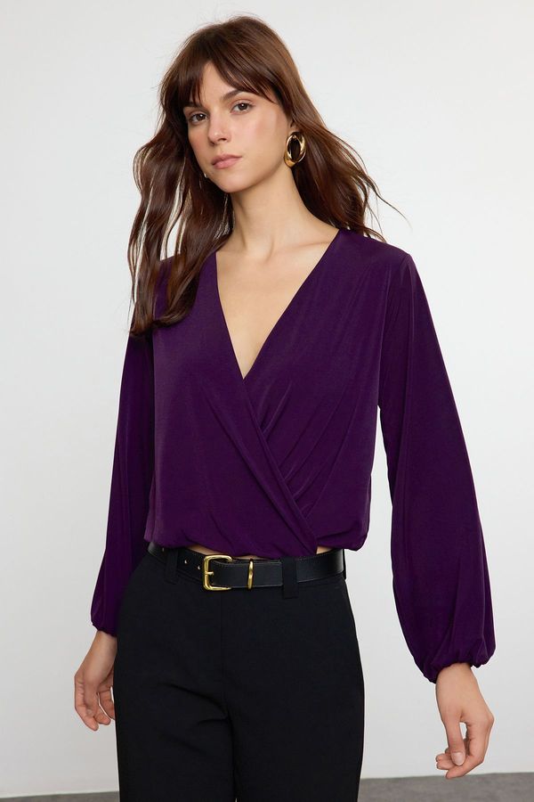 Trendyol Trendyol Dark Purple Slim Double Breasted Collar Stretchy Knitted Blouse