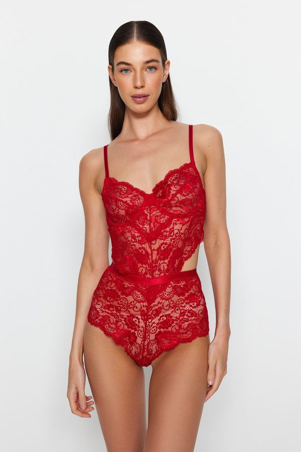 Trendyol Trendyol Dark Red Lacy Window/Cut Out Detailed Snap-On Knitted Body