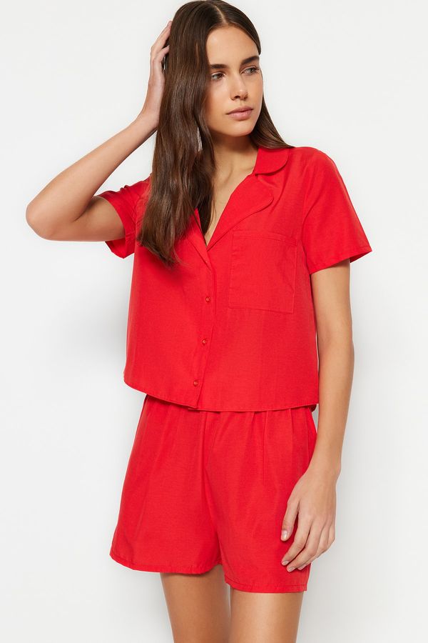 Trendyol Trendyol Dark Red Terrycotton Shirt-Shorts Woven Pajamas Set