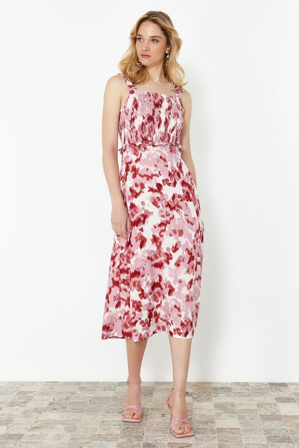 Trendyol Trendyol Dried Rose abstract Patterned A-line Gipe Detail Viscose Midi Woven Dress