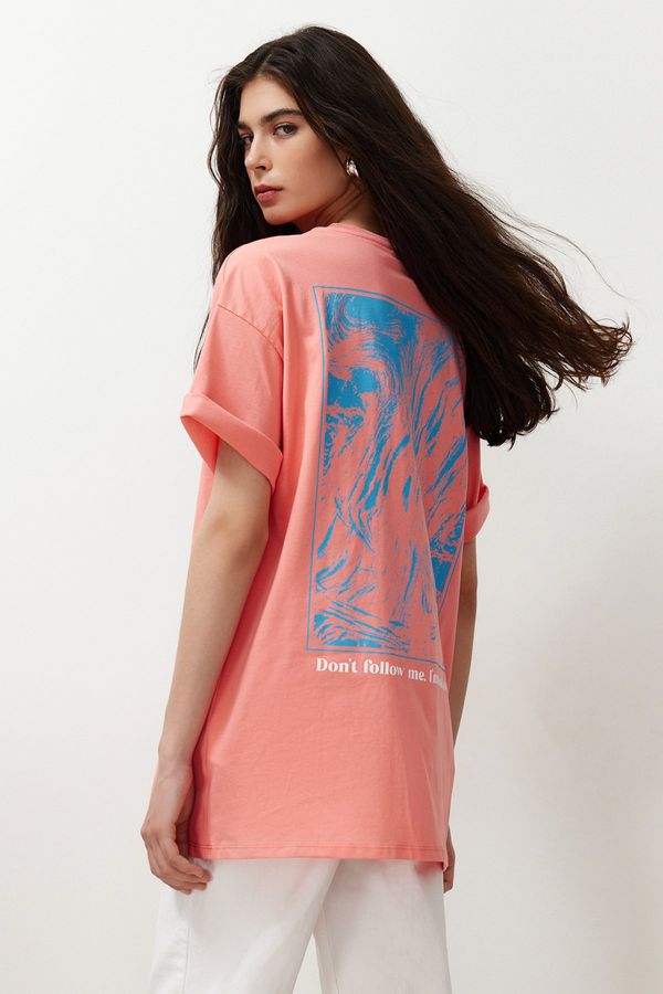 Trendyol Trendyol Dusty Rose 100% Cotton Back and Front Printed Oversize/Casual Cut Knitted T-Shirt