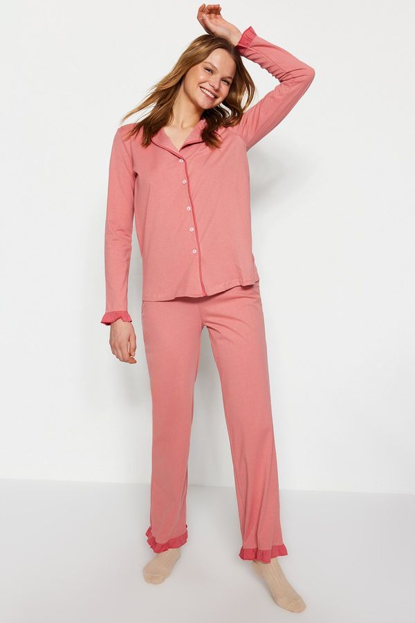 Trendyol Trendyol Dusty Rose 100% Cotton Ruffled Bias Shirt-Pants Knitted Pajama Set