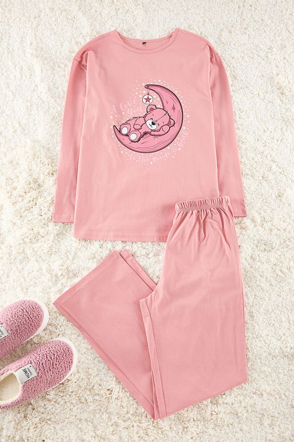 Trendyol Trendyol Dusty Rose 100% Cotton Teddy Bear and Galaxy Printed Knitted Pajama Set