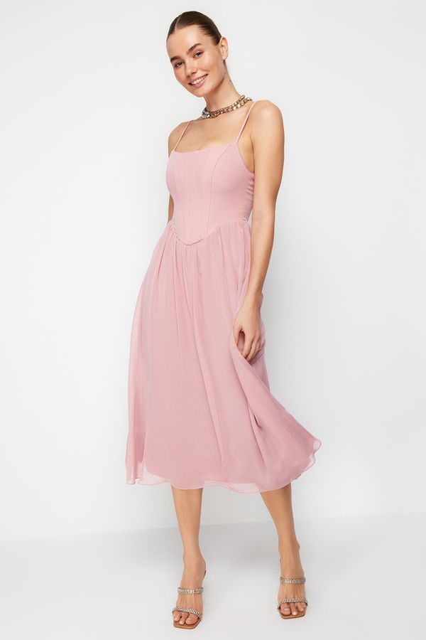 Trendyol Trendyol Dusty Rose A-Line Lined Corset Detailed Woven Tulle Elegant Evening Dress