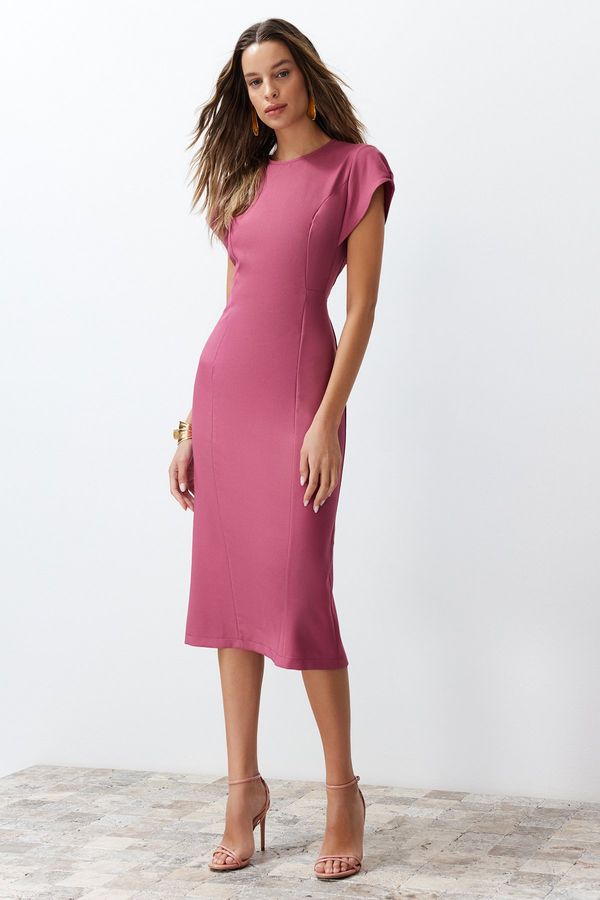 Trendyol Trendyol Dusty Rose Bodycon Low Sleeve Crew Neck Midi Pencil Skirt Woven Dress