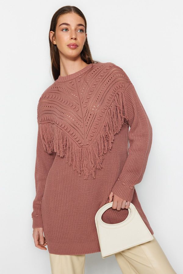 Trendyol Trendyol Dusty Rose Openwork and Tassel Detailed Tiko Thessaloniki Knitted Sweater