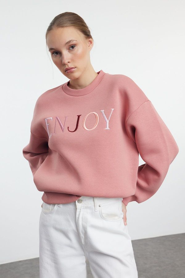 Trendyol Trendyol Dusty Rose Slogan Embroidery Detailed Regular/Normal Pattern Crew Neck Knitted Sweatshirt