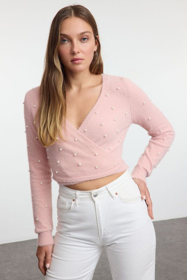 Trendyol Trendyol Dusty Rose Super Crop Hairy Pearl Detailed Knitwear Sweater