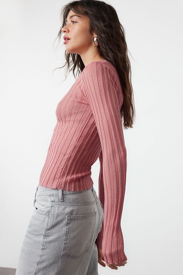 Trendyol Trendyol Dusty Rose Transparent Look Crew Neck Knitwear Sweater