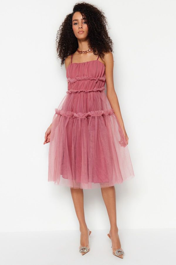 Trendyol Trendyol Dusty Rose Waist Opening/Skater Lined Tulle Elegant Evening Dress