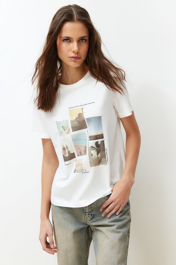 Trendyol Trendyol Ecru 100% Cotton Landscape Printed Regular/Regular Fit Short Sleeve Knitted T-Shirt