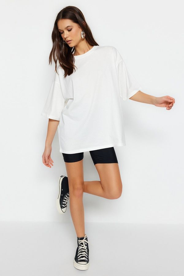 Trendyol Trendyol Ecru 100% Cotton Premium Oversize/Wide Fit Crew Neck Knitted T-Shirt
