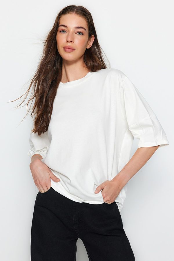 Trendyol Trendyol Ecru 100% Cotton Premium Oversize/Wide Fit Three Quarter Sleeve Knitted T-Shirt