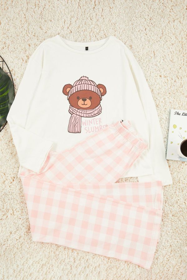 Trendyol Trendyol Ecru 100% Cotton Teddy Bear Printed Plaid Knitted Pajama Set