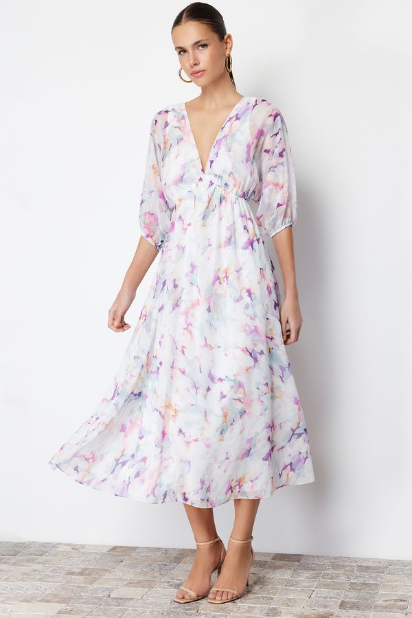 Trendyol Trendyol Ecru Abstract Pattern A-Line Chiffon Lined Maxi Woven Dress