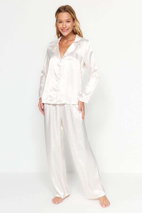 Trendyol Trendyol Ecru Animal Pattern Satin Shirt-Pants Weave Pajamas Set