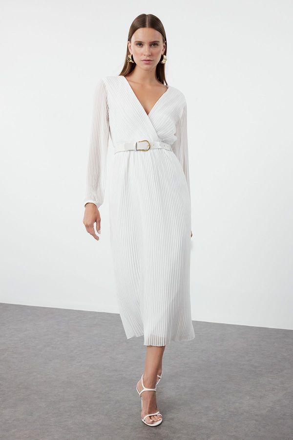 Trendyol Trendyol Ecru Belted A-Line Pleated Maxi Lined Chiffon Woven Dress