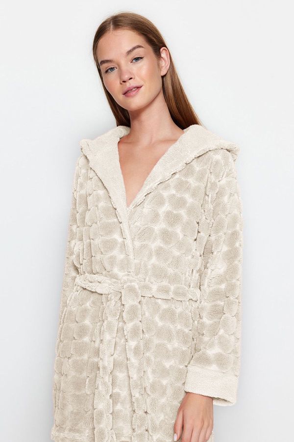 Trendyol Trendyol Ecru Belted Heart Patterned Polar Winter Knitted Dressing Gown