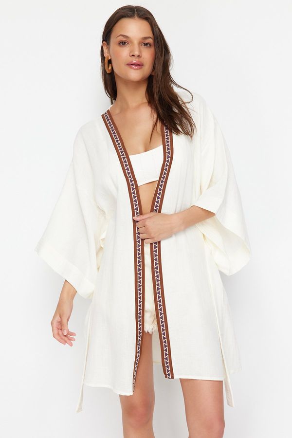 Trendyol Trendyol Ecru Belted Maxi Woven Muslin Kimono & Kaftan