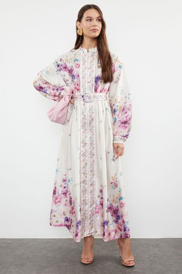 Trendyol Trendyol Ecru Belted Woven Floral Patterned Dress