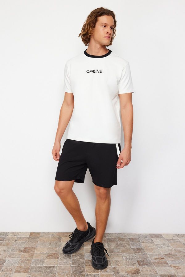 Trendyol Trendyol Ecru-Black Regular/Normal Cut Embossed Text Print T-Shirt-Shorts Tracksuit Set