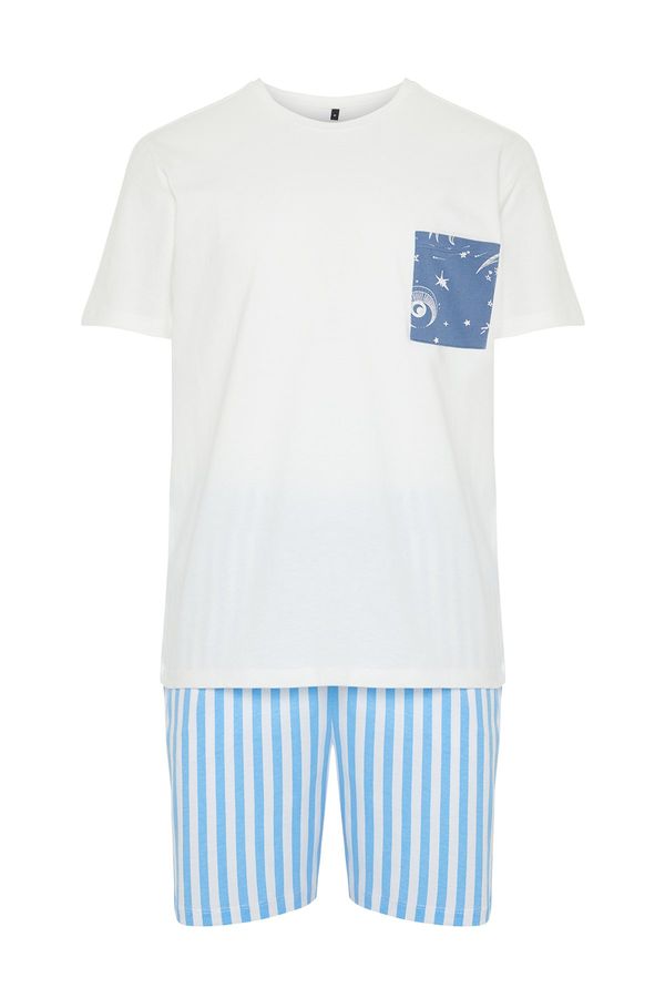 Trendyol Trendyol Ecru Blue Printed Regular Fit Couple Knitted Pajamas Set