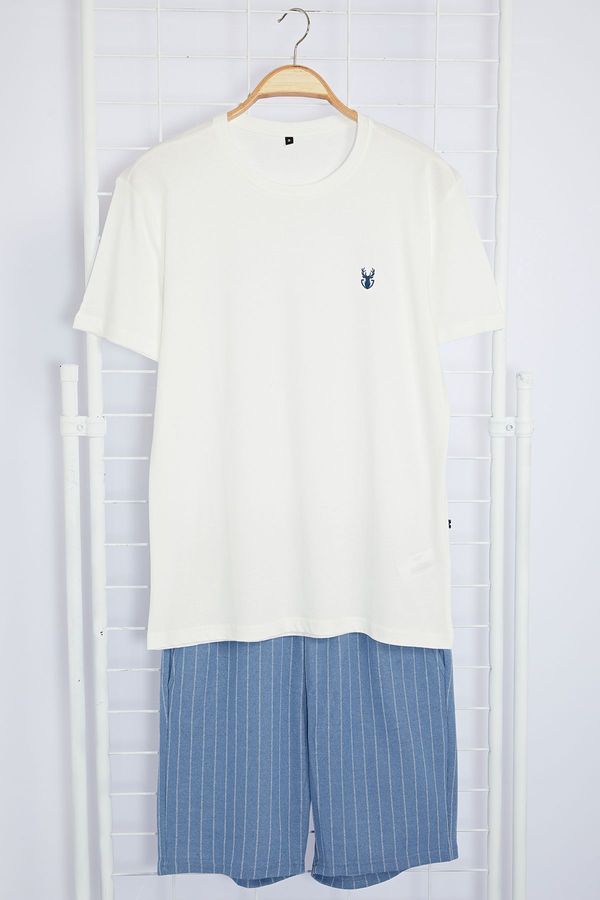 Trendyol Trendyol Ecru Blue Regular Fit Crew Neck Pajama Set with Embroidered Knitted Shorts