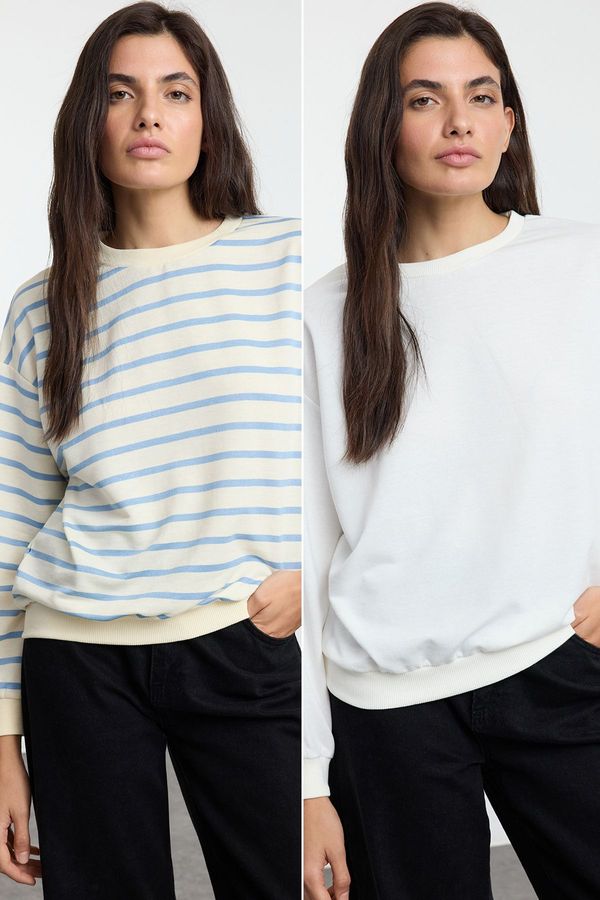 Trendyol Trendyol Ecru-Blue Striped 2-Pack Regular/Normal Pattern Knitted Sweatshirt