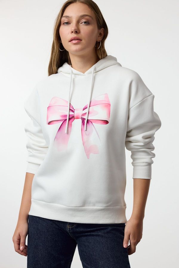 Trendyol Trendyol Ecru Bow Printed Oversize/Wide Fit Hooded Thick Inside Fleece Knitted Sweatshirt