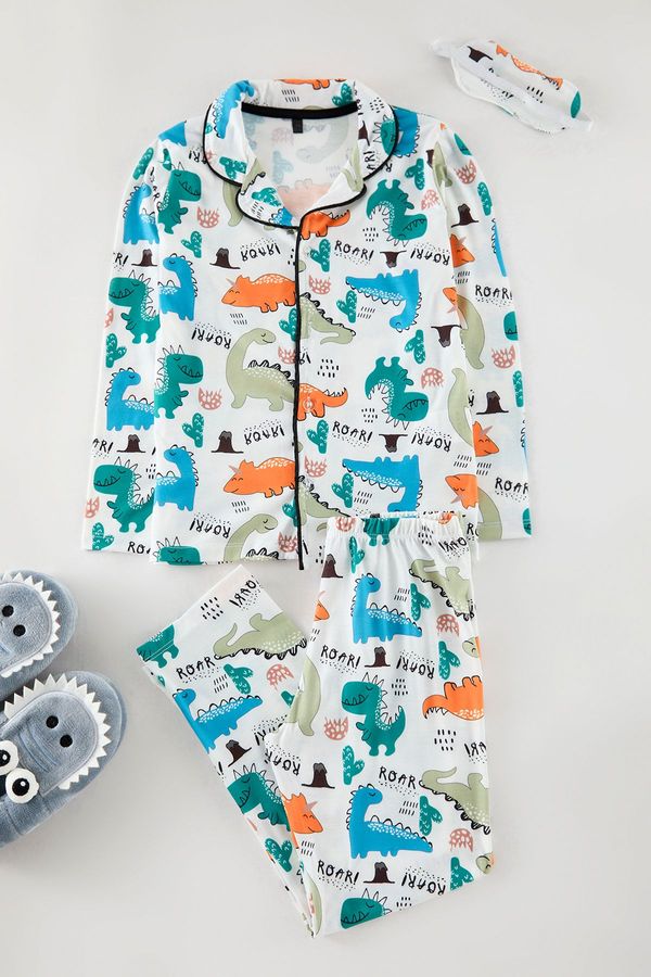 Trendyol Trendyol Ecru Boy Printed Pajama Set Knitted Bottom-Top Set