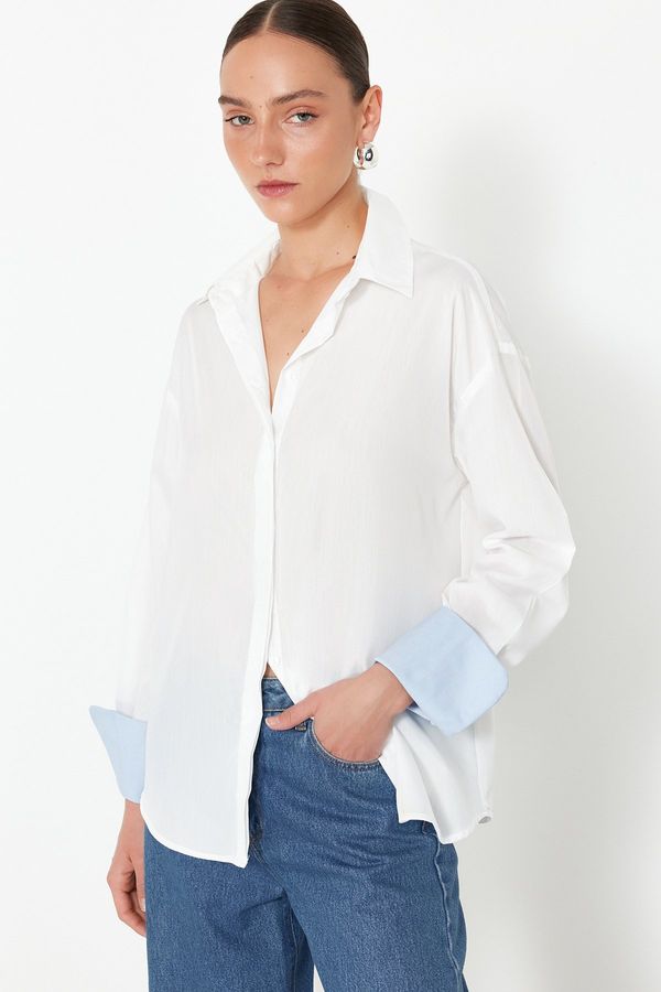 Trendyol Trendyol Ecru Boyfriend Pattern Cuff Detailed Woven Shirt