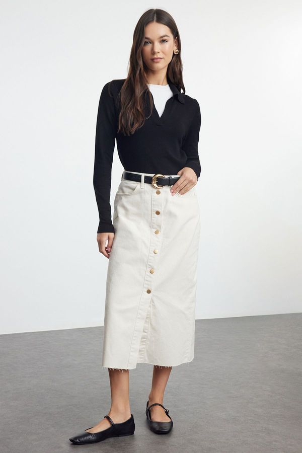 Trendyol Trendyol Ecru Button Detailed High Waist Denim Skirt