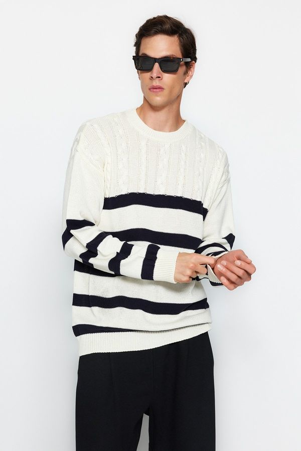 Trendyol Trendyol Ecru Casual Unisex Oversize Fit Wide Pattern Hair Knit Striped Non-Pilling Knitwear Sweater