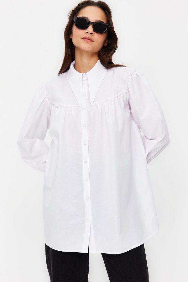 Trendyol Trendyol Ecru Collar Detailed Comfy Cut Cotton Woven Shirt