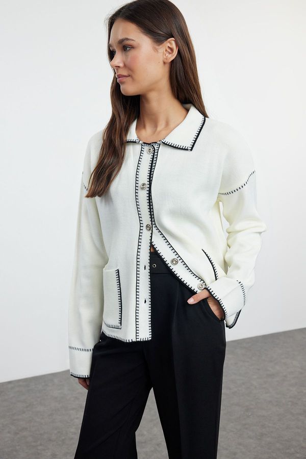 Trendyol Trendyol Ecru Color Block Polo Neck Knitted Cardigan