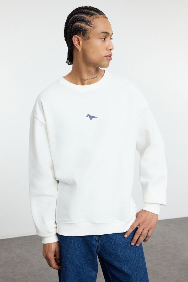 Trendyol Trendyol Ecru Crew Neck Oversize/Wide Cut Polar Fleece Inside Dinosaur Embroidery Sweatshirt