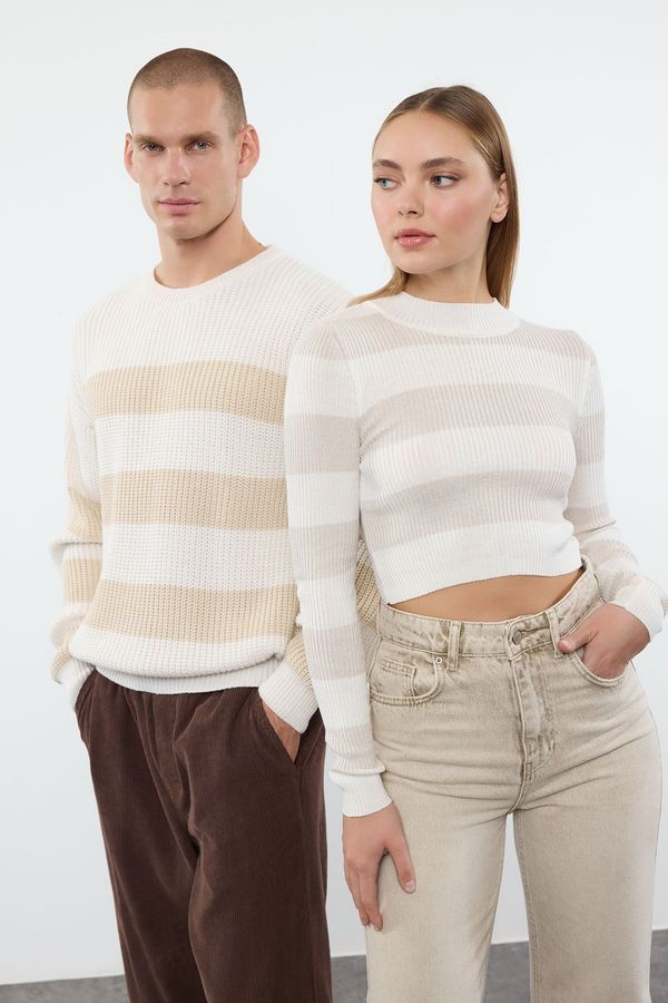 Trendyol Trendyol Ecru Crop Couple Cotton Color Block Knit Sweater