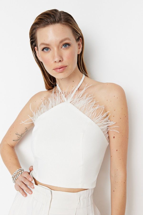 Trendyol Trendyol Ecru Crop Lined Woven Fringe Bridal Bustier