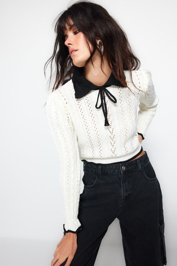 Trendyol Trendyol Ecru Crop Openwork/Perforated Knitwear Sweater