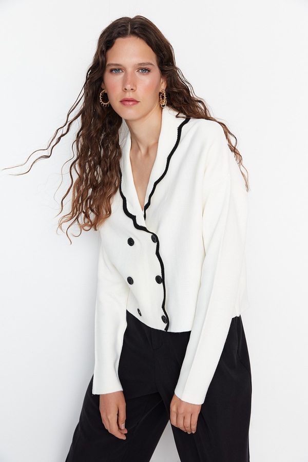 Trendyol Trendyol Ecru Double Breasted Collar Color Blocked Knitwear Cardigan