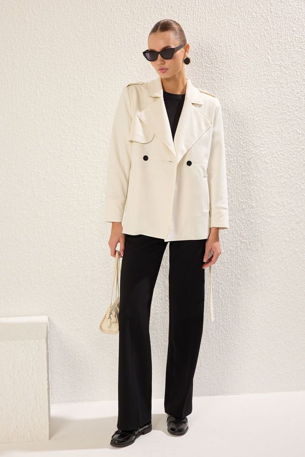 Trendyol Trendyol Ecru Double Breasted Suede Oversize Midi Trench Coat