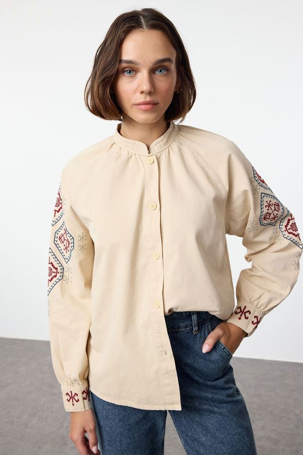 Trendyol Trendyol Ecru Embroidered Oversize Denim Shirt