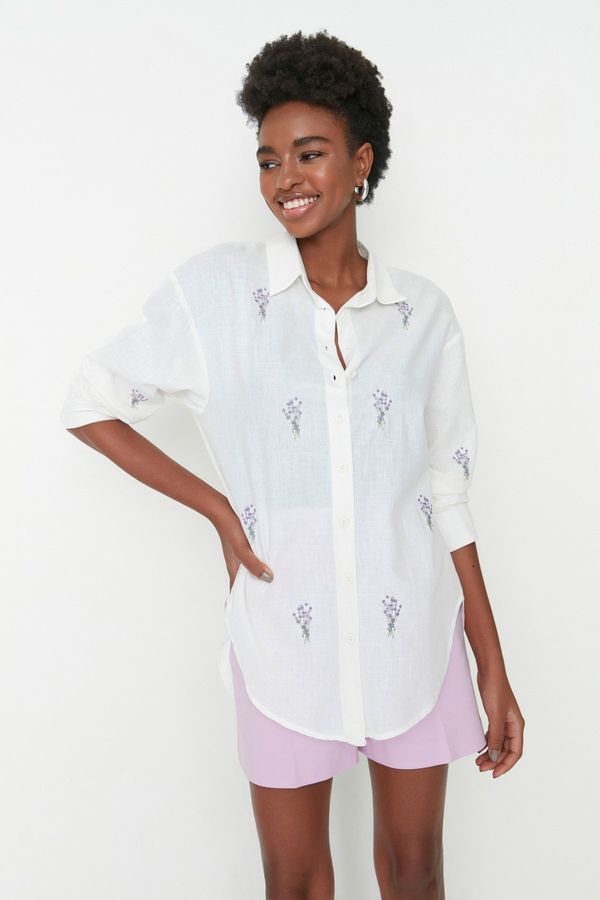 Trendyol Trendyol Ecru Embroidered Oversize Woven Shirt