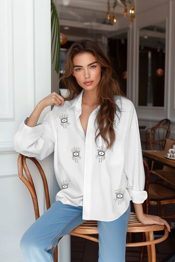 Trendyol Trendyol Ecru Eye Embroidery Detailed Oversize Wide Fit Woven Shirt