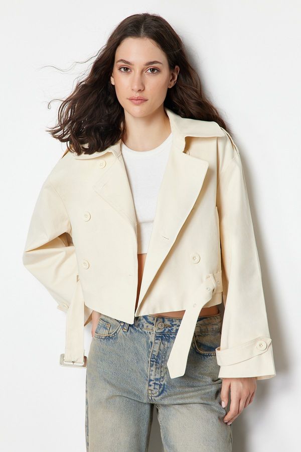 Trendyol Trendyol Ecru Fitted Belted Cotton Crop Trench Coat