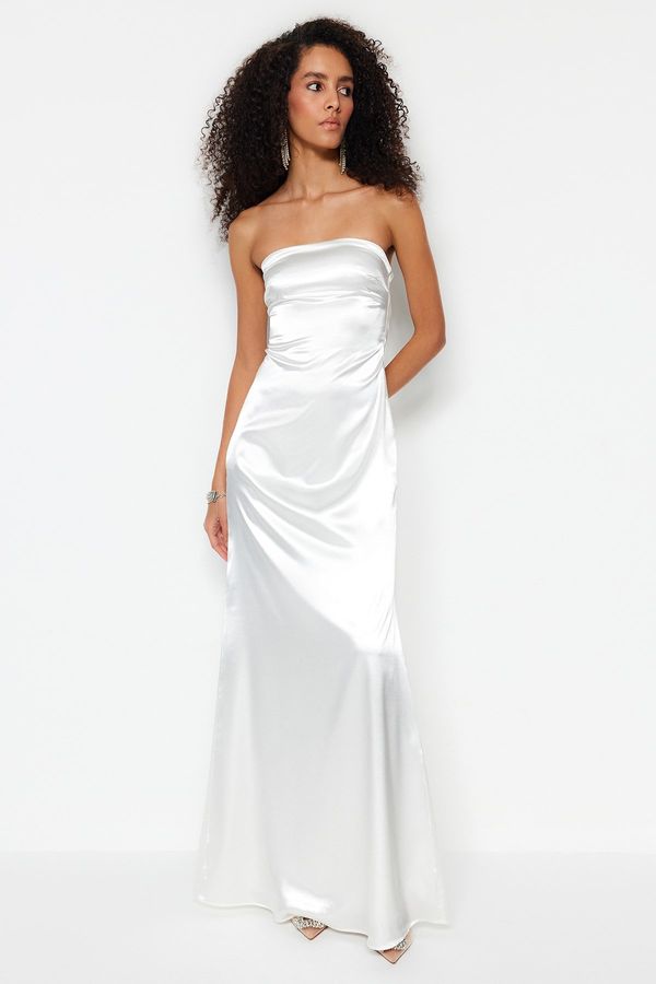 Trendyol Trendyol Ecru Fitted Lined Woven Satin Wedding/Wedding Long Evening Evening Dress