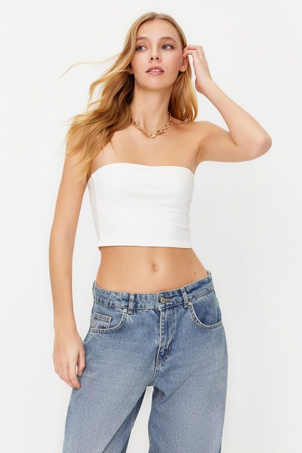Trendyol Trendyol Ecru Fitted Strapless Collar Crop Stretchy Knitted Blouse
