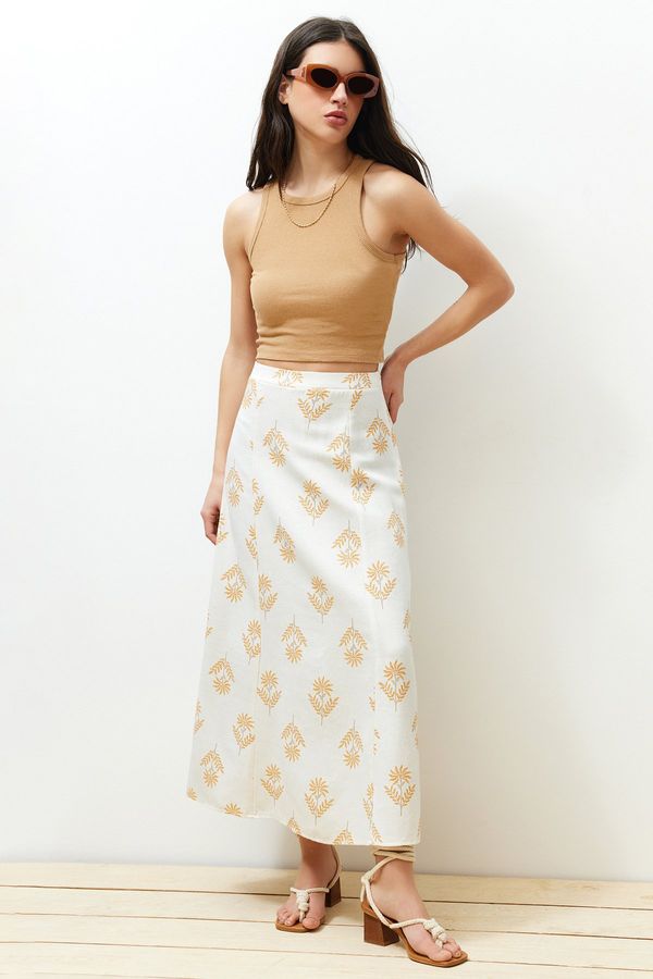Trendyol Trendyol Ecru Floral Pattern A-Line Midi Length Woven Linen Blended Skirt