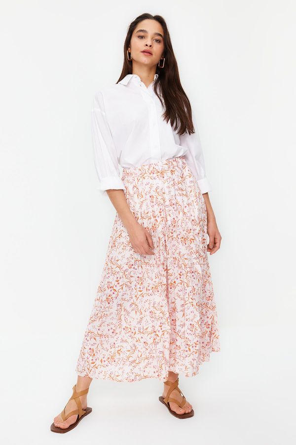 Trendyol Trendyol Ecru Floral Pattern Pleated Woven Skirt with Elastic Waist
