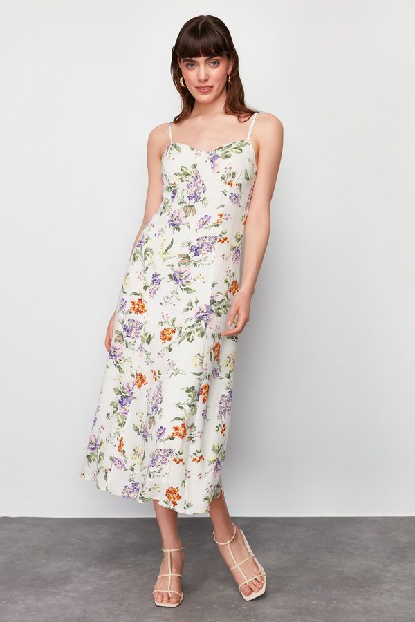 Trendyol Trendyol Ecru Floral Pattern Waist Open Midi Woven Midi Dress